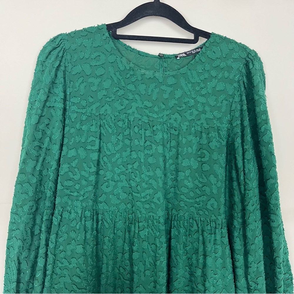 NWOT ZARA TEXTURED TIERED MINI DRESS WITH SLEEVES IN GREEN SIZE XS - Picture 9 of 16